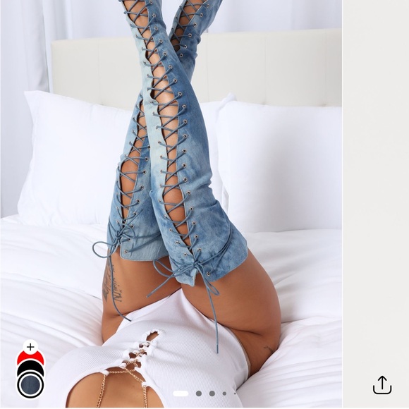 Lace-Up Denim Thigh-High Boots - Picture 1 of 6